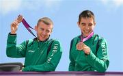 14 August 2012; Team Ireland boxers Paddy Barnes, left, and Michael Conlan celebrate with their bronze medals during an open top bus tour of Belfast, following their return home from the London 2012 Olympic Games. Belfast, Co. Antrim. Picture credit: Oliver McVeigh / SPORTSFILE