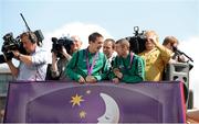 14 August 2012; Team Ireland boxers Paddy Barnes, right, and Michael Conlan celebrate with their bronze medals during an open top bus tour of Belfast, following their return home from the London 2012 Olympic Games. Belfast, Co. Antrim. Picture credit: Oliver McVeigh / SPORTSFILE