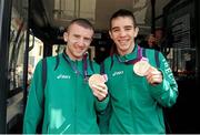14 August 2012; Team Ireland boxers Paddy Barnes, left, and Michael Conlan celebrate with their bronze medals after an open top bus tour of Belfast, following their return home from the London 2012 Olympic Games. Belfast, Co. Antrim. Picture credit: Oliver McVeigh / SPORTSFILE