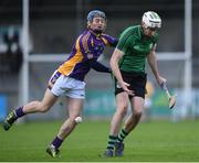 22 October 2017; Peter Kellaul of Lucan Sarsfields in action against Oisin O'Rourke of Kilmacud Crokes, during the Dublin County Senior Hurling Championship Semi-Final match between Kilmacud Crokes and Lucan Sarsfields at Parnell Park in Dublin. Photo by David Fitzgerald/Sportsfile