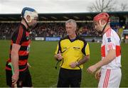 22 October 2017; Referee Tomás Ó Súilleabháin with captain Shane Walsh of Ballygunner, left. and Eddie Barrett of De La Salle, prior to the Waterford County Senior Hurling Final match between Ballygunner and De La Salle at Walsh Park in Waterford. Photo by Seb Daly/Sportsfile