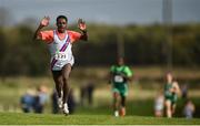 22 October 2017; Hiko Tonosa, Dundrum South Dublin A.C., celebrates on his way to winning the Senior Men's race during the Autumn Open Cross Country Festival at the National Sports Campus in Abbotstown, Dublin. Photo by Cody Glenn/Sportsfile