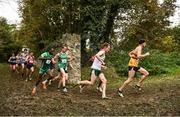 22 October 2017; A general view of leaders in the Senior Men's field, from front, eventual sixth place finisher Mark Hanrahan, Leevale A.C., fourth place finisher Kevin Dooney, Raheny Shamrock A.C., winner Hiko Tonosa, hidden, Dundrum South Dublin A.C., third place finisher Adam Kirk-Smith, Derry Track Club, fifth place Conor Dooney, Raheny Shamrock A.C., and second place Gideon Kipsang Kimosop, Derry Track Club, during the Autumn Open Cross Country Festival at the National Sports Campus in Abbotstown, Dublin. Photo by Cody Glenn/Sportsfile