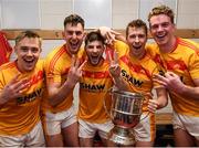 22 October 2017; Castlebar Mitchels players, from left, Shane Irwin, Barry Moran, Donie Newcombe, Eoghan O'Reilly and Danny Kirby celebrate with the Moclair Cup after winning their Mayo County Senior Football Championship Final for the thrid year in a row following the match between Ballintubber and Castlebar Mitchels at Elvery's MacHale Park in Castlebar, Mayo. Photo by Stephen McCarthy/Sportsfile