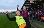 22 October 2017; Slaughtneil manager Michael McShane, left, and selector Joe McCluskey celebrate at the final whistle of the AIB Ulster GAA Hurling Senior Club Championship Final match between Ballygalget and Slaughtneil at Athletic Grounds in Armagh. Photo by Ramsey Cardy/Sportsfile