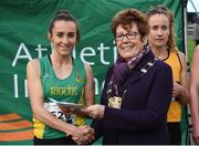 22 October 2017; Shona Heaslip, An Riocht A.C., receives her first place prize from Mayor of Fingal Mary McCarnley after the Senior Women's race during the Autumn Open Cross Country Festival at the National Sports Campus in Abbotstown, Dublin. Photo by Cody Glenn/Sportsfile