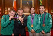 15 August 2012; Lord Mayor of Dublin Naoise O’Muirí with Team Ireland boxing medal winners, from left, Paddy Barnes, Katie Taylor and Michael Conlan at a Team Ireland London 2012 Olympic Games Civic Reception. Mansion House, Dawson Street, Dublin. Picture credit: Stephen McCarthy / SPORTSFILE