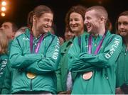 15 August 2012; Team Ireland boxing gold medallist Katie Taylor and bronze medallist Paddy Barnes during a Team Ireland London 2012 Olympic Games Public Reception. Dawson Street, Dublin. Picture credit: Stephen McCarthy / SPORTSFILE