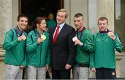 15 August 2012; Team Ireland boxing medallists, from left, Michael Conlan, bronze, Katie Taylor, gold, John Joe Nevin, silver, and Paddy Barnes, bronze, with An Taoiseach Enda Kenny, T.D., at a Team Ireland London 2012 Olympic Games Government reception in Farmleigh House, Phoenix Park, Dublin. Picture credit: Ray McManus / SPORTSFILE