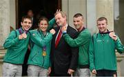 15 August 2012; Team Ireland boxing medallists, from left, Michael Conlan, bronze, Katie Taylor, gold, John Joe Nevin, silver, and Paddy Barnes, bronze, with An Taoiseach Enda Kenny, T.D., at a Team Ireland London 2012 Olympic Games Government reception in Farmleigh House, Phoenix Park, Dublin. Picture credit: Ray McManus / SPORTSFILE