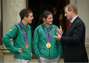 15 August 2012; Team Ireland boxing medallists, from left, Michael Conlan, bronze, left, and Katie Taylor, gold, with An Taoiseach Enda Kenny, T.D., at a Team Ireland London 2012 Olympic Games Government reception in Farmleigh House, Phoenix Park, Dublin. Picture credit: Ray McManus / SPORTSFILE