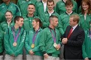 15 August 2012; Team Ireland boxing medallists, from left, Michael Conlan, bronze, Katie Taylor, gold, and John Joe Nevin, silver, with An Taoiseach Enda Kenny, T.D., at a Team Ireland London 2012 Olympic Games Government reception in Farmleigh House, Phoenix Park, Dublin. Picture credit: Ray McManus / SPORTSFILE