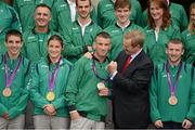 15 August 2012; Team Ireland boxing medallists, from left, Michael Conlan, bronze, Katie Taylor, gold, John Joe Nevin, silver, and Paddy Barnes, bronze, with An Taoiseach Enda Kenny, T.D., at a Team Ireland London 2012 Olympic Games Government reception in Farmleigh House, Phoenix Park, Dublin. Picture credit: Ray McManus / SPORTSFILE