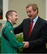 15 August 2012; Team Ireland boxing bronze medallist Paddy Barnes and Chef de Mission Sonia O'Sullivan with An Taoiseach Enda Kenny, T.D., at a Team Ireland London 2012 Olympic Games Government reception in Farmleigh House, Phoenix Park, Dublin. Picture credit: Ray McManus / SPORTSFILE