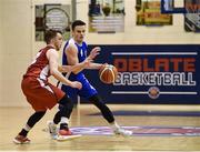21 October 2017; Aidan Quinn of Belfast Star in action against Baolach Morrison of Black Amber Templeogue during the Hula Hoops Men’s Pat Duffy National Cup match between Black Amber Templeogue and Belfast Star at Oblate Hall in Inchicore, Dublin. Photo by Cody Glenn/Sportsfile
