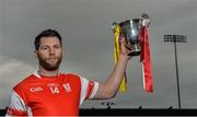 23 October 2017; Cuala hurler Shane Stapleton with the New Ireland Assurance Company Perpetual Challenge Cup during a Dublin SFC/SHC Finals Media Day at Parnell Park in Dublin. Piaras Ó Mídheach/Sportsfile