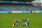 23 October 2017; The New Ireland Assurance Company Perpetual Challenge Cup, senior hurling, left, and The Clerys Perpetual Cup, senior football, during a Dublin SFC/SHC Finals Media Day at Parnell Park in Dublin. Piaras Ó Mídheach/Sportsfile