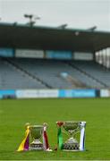 23 October 2017; The New Ireland Assurance Company Perpetual Challenge Cup, senior hurling, left, and The Clerys Perpetual Cup, senior football, during a Dublin SFC/SHC Finals Media Day at Parnell Park in Dublin. Piaras Ó Mídheach/Sportsfile