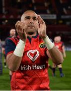 21 October 2017; Simon Zebo of Munster applauds supporters after the European Rugby Champions Cup Pool 4 Round 2 match between Munster and Racing 92 at Thomond Park in Limerick. Photo by Diarmuid Greene/Sportsfile