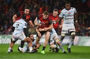 21 October 2017; Chris Farrell of Munster is tackled by Rémi Tales and Antoine Claassen of Racing 92 during the European Rugby Champions Cup Pool 4 Round 2 match between Munster and Racing 92 at Thomond Park in Limerick. Photo by Diarmuid Greene/Sportsfile