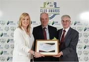 24 October 2017; Bohemian FC representatives Donal Byrne, Family Section Co-ordinator, left, and Chris Brien, President, are presented with the Best Family Initiative Award by Anne McAreavey, SSE Airtricity Marketing Manager, during the SSE Airtricity League Club Awards at City Hall in Dublin. Photo by Seb Daly/Sportsfile
