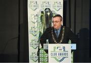 24 October 2017; The Lord Mayor of Dublin Mícheál MacDonncha speaking during the SSE Airtricity League Club Awards at City Hall in Dublin. Photo by Seb Daly/Sportsfile