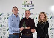 24 October 2017; Waterford FC representatives, Darren Sealy, left, and Greg Lonergan, right, are presented with the Pitch of the Year Award by Leanne Sheill, SSE Airtricity Sponsorship Specialist, during the SSE Airtricity League Club Awards at City Hall in Dublin. Photo by Seb Daly/Sportsfile