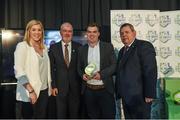 24 October 2017; Cabinteely representatives Dillon Foley and Jim Foley are presented with the Multi Media Club of the Season award by Anne McAreavey, SSE Airtricity Marketing Manager, and Eamon Naughton, Chairman of the SSE Airtricity League, during the SSE Airtricity League Club Awards at City Hall in Dublin. Photo by Seb Daly/Sportsfile