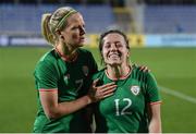 24 October 2017; Harriet Scott, right, and Diane Caldwell of the Republic of Ireland following the 2019 FIFA Women's World Cup Qualifier Group 3 match between Slovakia and Republic of Ireland at the National Training Centre in Senec, Slovakia. Photo by Stephen McCarthy/Sportsfile
