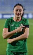 24 October 2017; Megan Campbell of the Republic of Ireland points to an armband she wore during the game, as a mark of respect to her late grandfather Eamonn Campbell, a member of 'The Dubliners', who passed away recently, following the 2019 FIFA Women's World Cup Qualifier Group 3 match between Slovakia and Republic of Ireland at the National Training Centre in Senec, Slovakia. Photo by Stephen McCarthy/Sportsfile