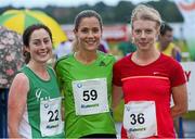16 August 2012; Winner Orla Drum, Crusaders AC, with second placed, Erin O'Connell, Sportsworld, right, and third placed Aoife Joyce, Crusaders AC, left, after the Athletics Ireland Barefoot Mile. Athletics Ireland Barefoot Mile, Leopardstown Racecourse, Leopardstown, Co. Dublin. Picture credit: Pat Murphy / SPORTSFILE