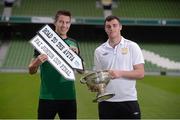 17 August 2012; The FAI, FAI Junior Council and competition sponsors, Aviva and Umbro, welcomed Sean St. Ledger and Sherrif YC captain Lee Murphy to the Aviva Stadium to announce that the 2013 FAI Junior Cup Final will take place at the home of Irish football. Entries for the junior cup will be accepted until Friday, August 24th and forms can be downloaded from www.fai.ie. FAI Umbro Junior Cup – Road to the Aviva, Aviva Stadium, Lansdowne Road, Dublin. Picture credit: Stephen McCarthy / SPORTSFILE