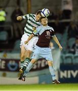 17 August 2012; Colin Hawkins, Shamrock Rovers, in action against Tiarnan Mulvenna, Drogheda United. Airtricity League Premier Division, Drogheda United v Shamrock Rovers, Hunky Dorys Park, Drogheda, Co. Louth. Photo by Sportsfile
