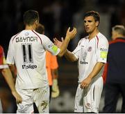 17 August 2012; Gavin Peers, Sligo Rovers, right, celebrates at the end of the game with team-mate Ross Gaynor. Airtricity League Premier Division,  Shelbourne v Sligo Rovers, Tolka Park, Dublin. Picture credit: David Maher / SPORTSFILE