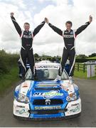 18 August 2012; Darren Gass and Enda Sherry, with their Subaru Impreza, celebrate after winning the Ulster Rally. Round 5 of the Irish Tarmac Rally Championship, Antrim. Picture credit: Philip Fitzpatrick / SPORTSFILE