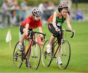 19 August 2012; Emma Cheshire, left, from Tullyallen and Monasterboice, Co. Louth, in action against Laura Murphy, Slanevalley, Co. Carlow, competing in the Girl's U.14 Cycling on Grass, during the Community Games national finals. Athlone, Co Westmeath. Picture credit: David Maher / SPORTSFILE
