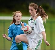 19 August 2012; Sarah Baynes, right, Burrishoole, Co. Mayo, in action against Aisling Howe, Fanad, Co. Donegal, during the U.15 Girl's Soccer Final during the Community Games national finals. Athlone, Co Westmeath. Picture credit: David Maher / SPORTSFILE