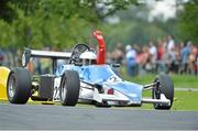 19 August 2012; John Hayes-Harlow, Royale RP30, celebrates his victory after winning the Historic Formula Ford 2000 Dublin Grand Prix. Phoenix Park Motor Races, Phoenix Park, Dublin. Picture credit: Barry Cregg / SPORTSFILE