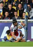 22 October 2017; Christian Lealiifano goes over to score a try after being tackled by Pierre Aguillon of La Rochelle during the European Rugby Champions Cup Pool 1 Round 2 match between La Rochelle and Ulster at Stade Marcel Deflandre, La Rochelle in France. Photo by John Dickson/Sportsfile