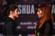 26 October 2017; Katie Taylor and Anahi Sanchez square off during the Anthony Joshua and Carlos Takam press conference at the National Museum Cardiff in Cardiff, Wales. Photo by Stephen McCarthy/Sportsfile