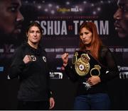 26 October 2017; Katie Taylor and Anahi Sanchez square off during the Anthony Joshua and Carlos Takam press conference at the National Museum Cardiff in Cardiff, Wales. Photo by Stephen McCarthy/Sportsfile