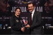 26 October 2017; Katie Taylor is presented with a Sky Sports Inspiration Awards for Women 2017 by Adam Smith, Head of Sky Sports Boxing during the Anthony Joshua and Carlos Takam press conference at the National Museum Cardiff in Cardiff, Wales. Photo by Stephen McCarthy/Sportsfile