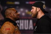 26 October 2017; Dillian Whyte, left, and Robert Helenius square off during the Anthony Joshua and Carlos Takam press conference at the National Museum Cardiff in Cardiff, Wales. Photo by Stephen McCarthy/Sportsfile