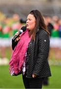 22 October 2017; Emma Brogan from Strokestown, Co Roscommon, sings the national anthem ahead of the Roscommon County Senior Football Championship Final match between St Brigid's and Roscommon Gaels at Dr Hyde Park in Roscommon. Photo by Sam Barnes/Sportsfile