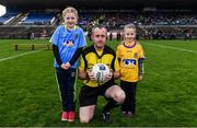 22 October 2017; Referee Brendan Healy is presented with the match ball by mascots Juliette  Fallon, 6, and Lauren Walsh, 9, ahead of the Roscommon County Senior Football Championship Final match between St Brigid's and Roscommon Gaels at Dr Hyde Park in Roscommon. Photo by Sam Barnes/Sportsfile