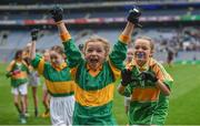 26 October 2017; Eimear Ní Mhaoldomhnaigh and her Scoil Oilibhéir Coolmine team-mates celebrate after victory against Bracken Educate Together in the Corn Irish Rubies Cup during the Allianz Cumann na mBunscol Finals at Croke Park in Dublin. Photo by Cody Glenn/Sportsfile