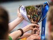 26 October 2017; Scoil Oilibhéir Coolmine players celebrate with the Corn Irish Rubis Cup after their victory against Educate Together during the Allianz Cumann na mBunscol Finals at Croke Park in Dublin. Photo by Cody Glenn/Sportsfile