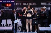 27 October 2017; Katie Taylor weighs in, at the Motorpoint Arena, ahead of her WBA World Lightweight Championship fight against Anahi Sanchez, on October 28, at Principality Stadium in Cardiff, Wales. Photo by Stephen McCarthy/Sportsfile