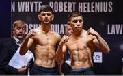 27 October 2017; Joe Cordina, left, and Lesther Cantillano weigh in, at the Motorpoint Arena, ahead of their bout on the undercard of Anthony Joshua v Carlos Takam, on October 28, at Principality Stadium in Cardiff, Wales. Photo by Stephen McCarthy/Sportsfile