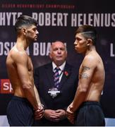 27 October 2017; Joe Cordina, left, and Lesther Cantillano weigh in, at the Motorpoint Arena, ahead of their bout on the undercard of Anthony Joshua v Carlos Takam, on October 28, at Principality Stadium in Cardiff, Wales. Photo by Stephen McCarthy/Sportsfile